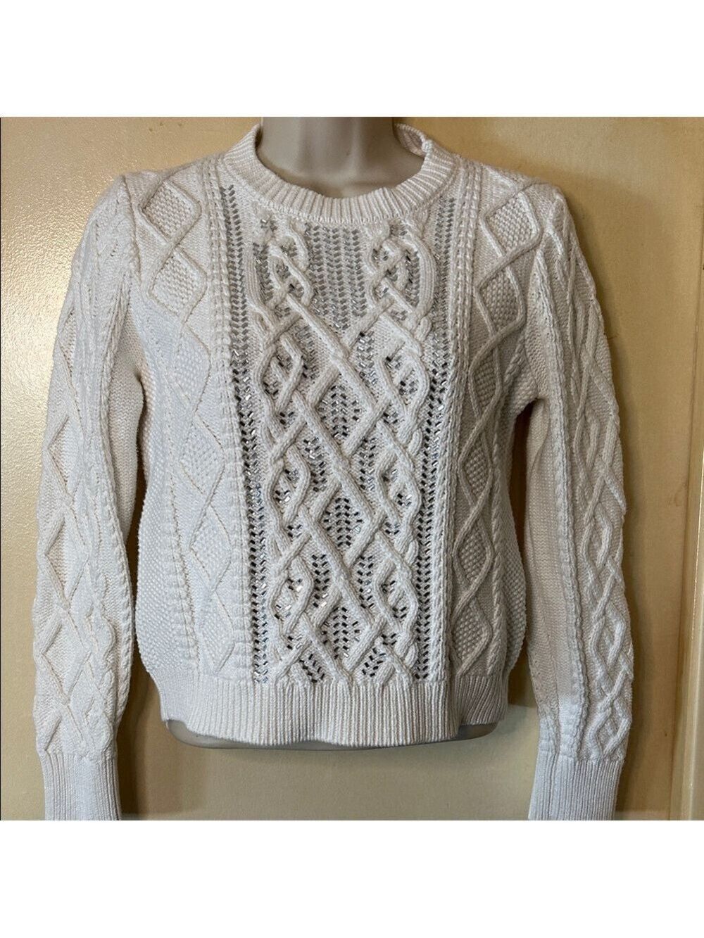 J. Crew Ivory Cable Knit Sweater with Beads size XS